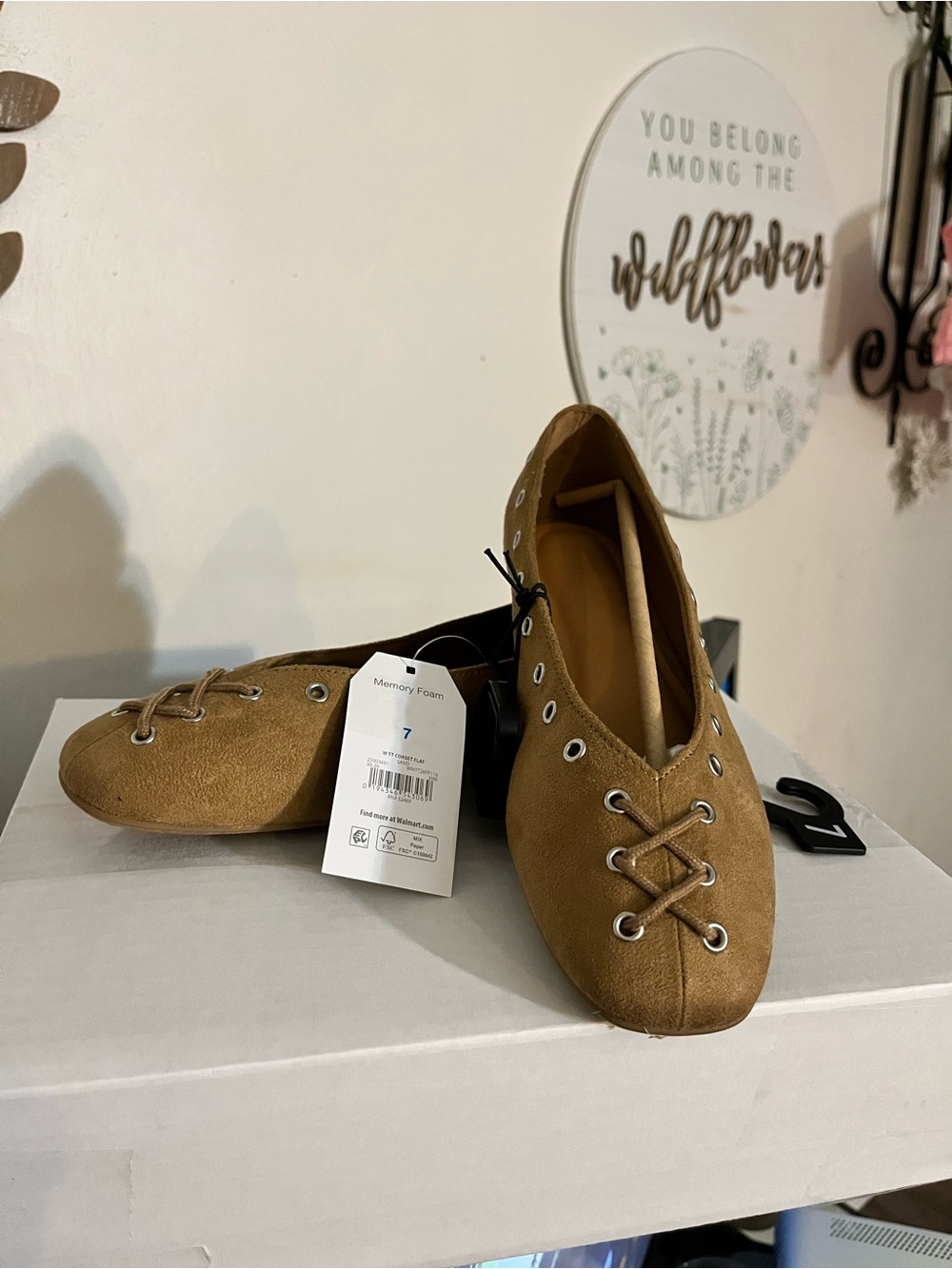 Time and Tru Tan Suede Lace-Front Ballet Flats